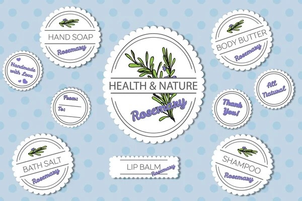Set of labels for natural bath body products with rosemary — Stock Vector