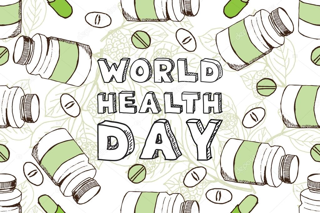 Hand-sketched world health day typographic background with natural supplements
