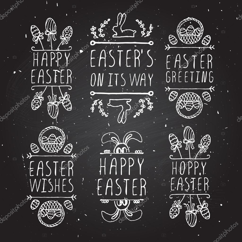 Set of hand-sketched easter typographic elements on chalkboard background. Suitable for print and web