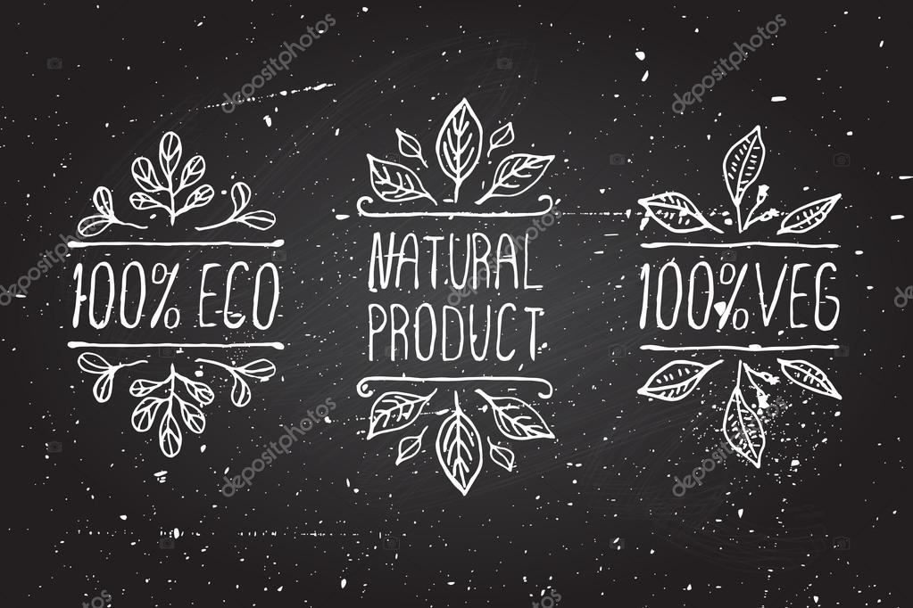 Hand-sketched typographic elements on chalkboard background. Natural products. Suitable for ads, signboards, menu and web banner designs
