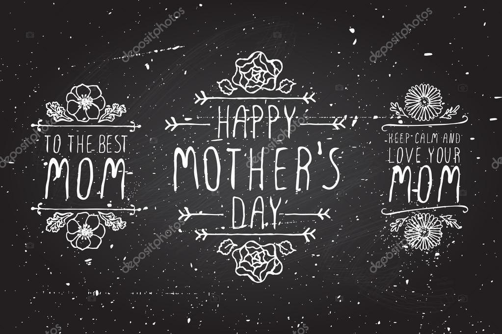 Happy mothers day handlettering elements with flowers on chalkboard background