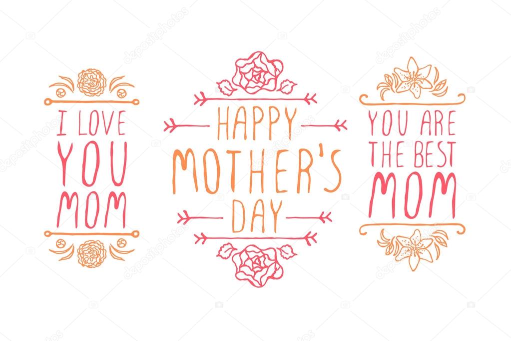Happy mothers day handlettering elements with flowers on white background