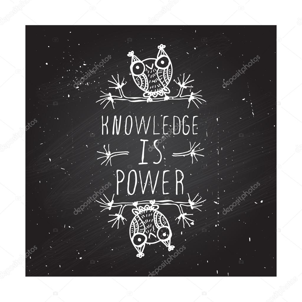 Knowledge is power. Hand-sketched typographic element with cute little owls on chalkboard background