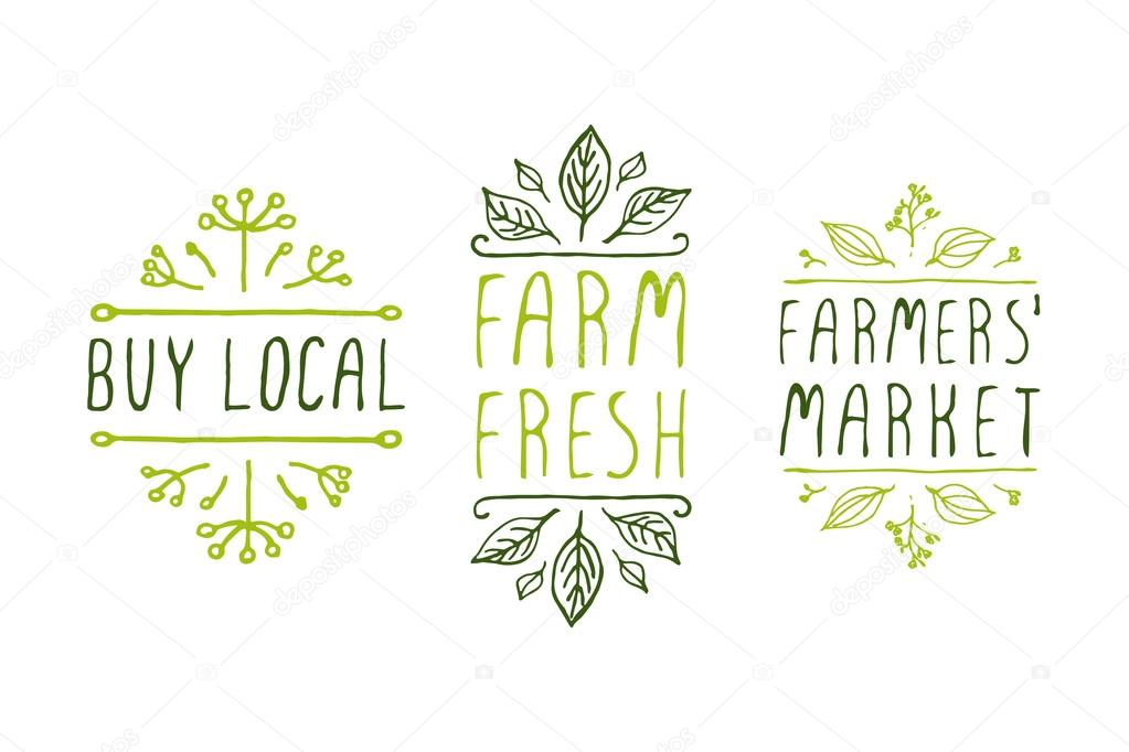 Hand-sketched typographic elements. Farm product labels. Suitable for ads, signboards, packaging and identity and web designs. Buy local. Farm fresh. Farmers market