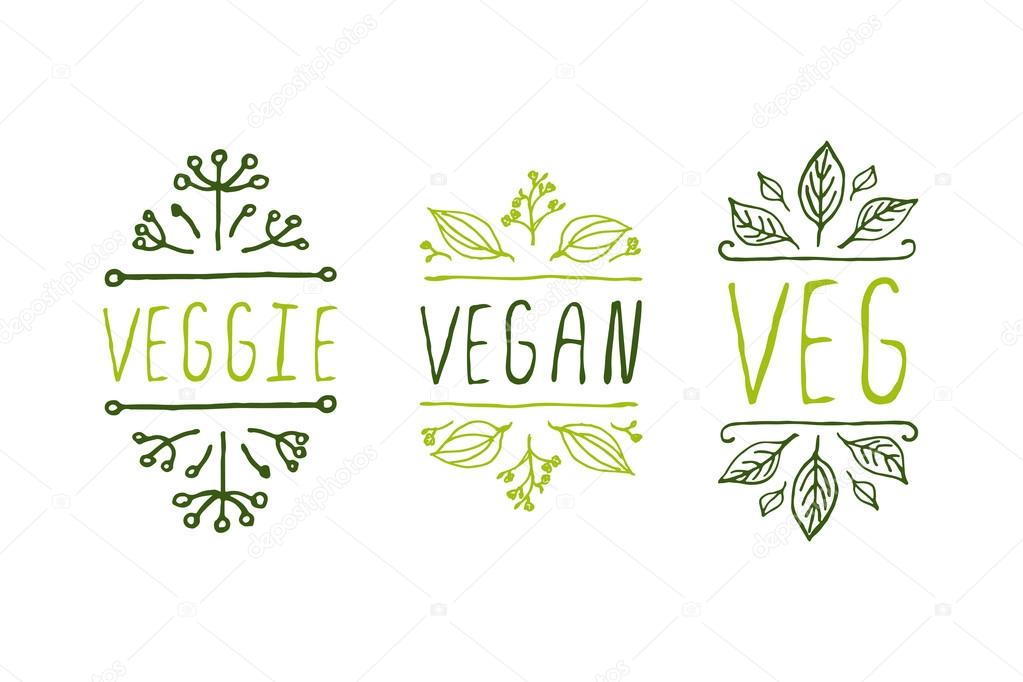Hand-sketched typographic elements. Vegetarian product labels. Suitable for ads, signboards, packaging and identity and web designs