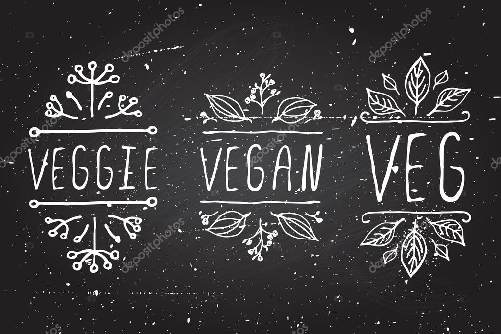 Hand-sketched typographic elements. Vegetarian product labels on chalkboard background. Suitable for ads, signboards, packaging and identity and web designs