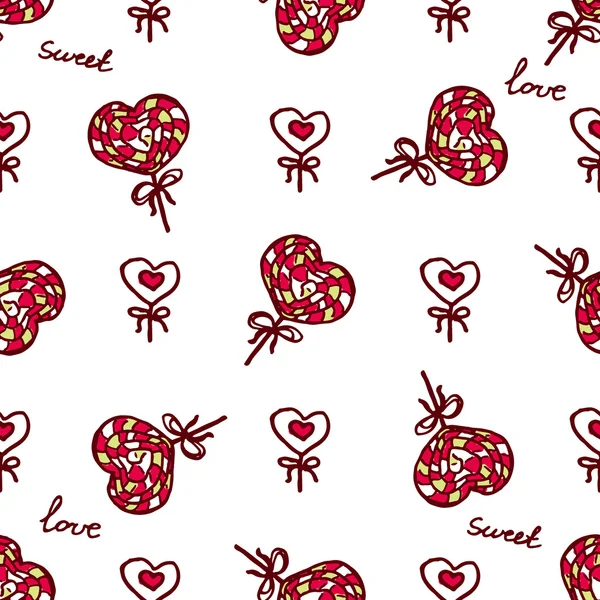 Modèle sans couture avec doodle sucettes en forme de coeur — Image vectorielle