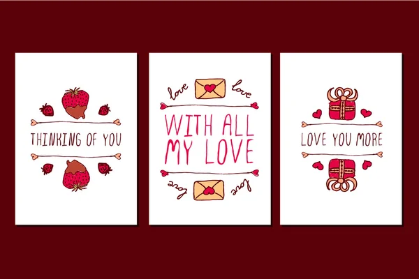 Conjunto de tarjetas de felicitación dibujadas a mano del día de San Valentín . — Archivo Imágenes Vectoriales