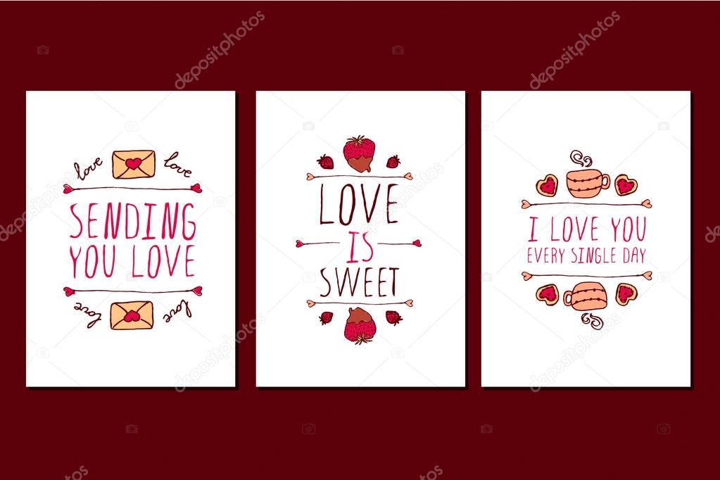 Set of Saint Valentines day hand drawn greeting cards.