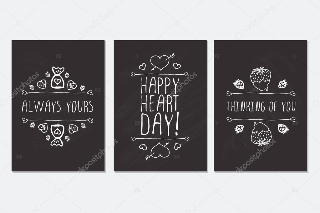 Set of Saint Valentines day hand drawn greeting cards. Poster templates with doodle elements and handwritten text on chalkboard background