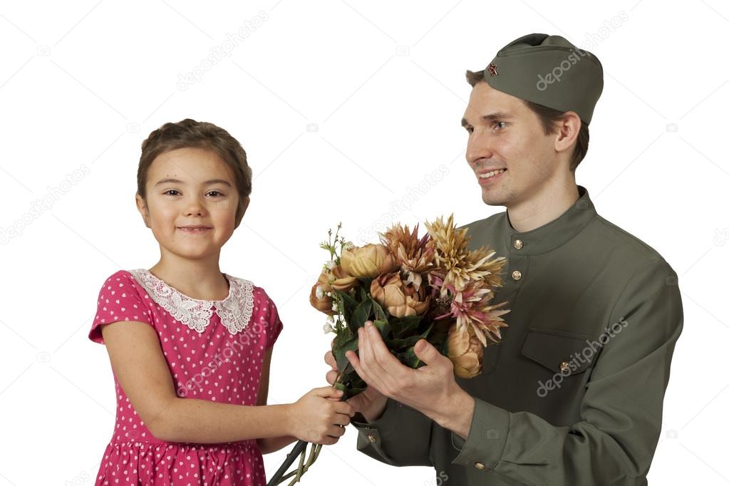 Portrait of a  little girl and Soviet soldier 