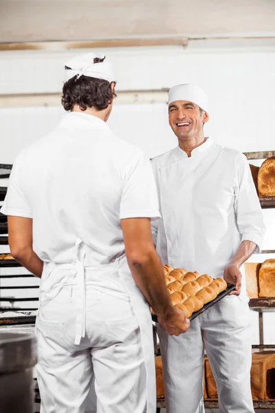 Glückliche Bäcker tragen Brotlaibe im Blech — Stockfoto