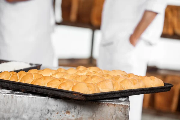 Closeup de pães na bandeja de cozimento — Fotografia de Stock