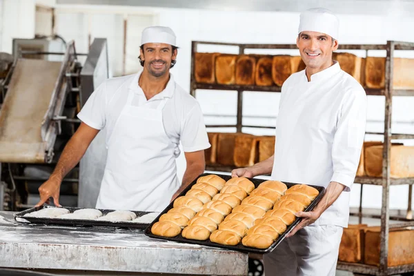 Уверенные мужчины-пекари с хлебопекарными подносами — стоковое фото