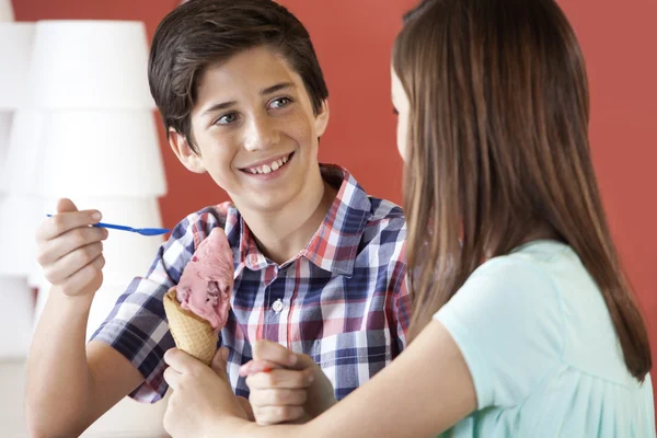 Jongen met aardbei ijs terwijl zus kijken — Stockfoto