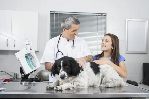 Felice medico e ragazza con confine collie su tavolo — Foto Stock