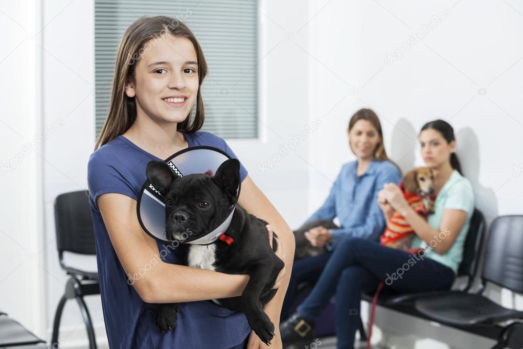 Girl Holding French Bulldog With Cone