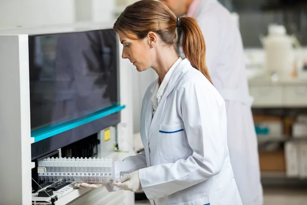 Investigadora cargando muestras en analizador — Foto de Stock