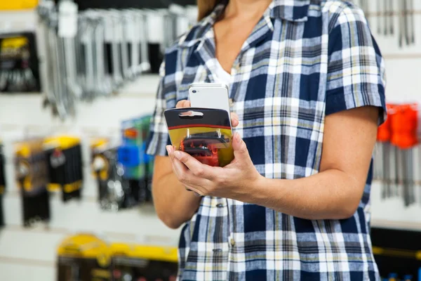 Midsection Of Customer Scanning Products Barcode Through Mobile — Stock Photo, Image
