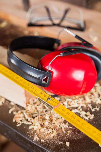 Closeup Of Ruler And Ear Protectors — Stock Photo, Image