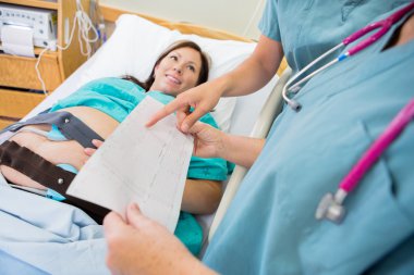Fetal monitörü rapor tartışırken hemşireler