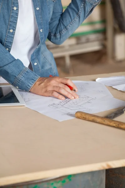 Θηλυκό ξυλουργός με σχεδιάγραμμα στο τραπέζι — Φωτογραφία Αρχείου