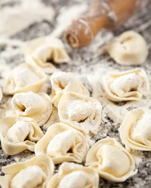 Flour And Raw Ravioli Pasta On Counter — Stock Photo, Image