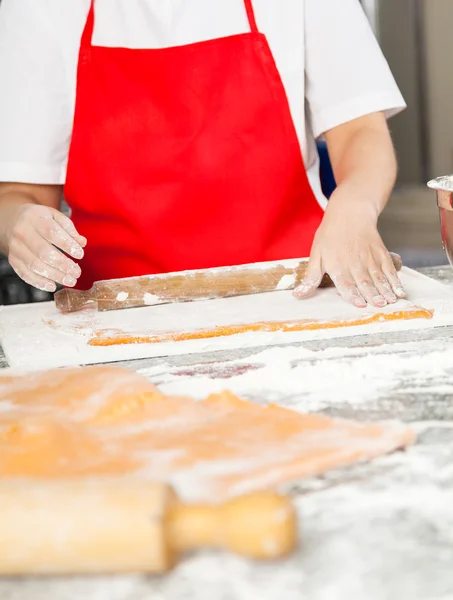Happy Chef Rolling Pasta Sheet At Counter — Stock Photo, Image