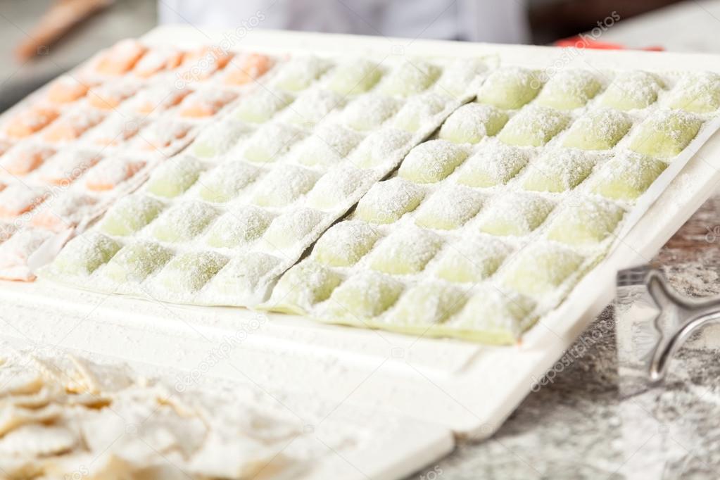 Ravioli Pasta Arranged On Cutting Board