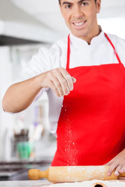 Smiling Chef Dusting Flour On Ravioli Pasta Sheet — Stock Photo, Image
