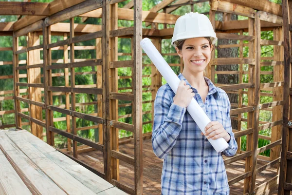 Happy inženýr drží modrotisk v dřevěné chatě — Stock fotografie