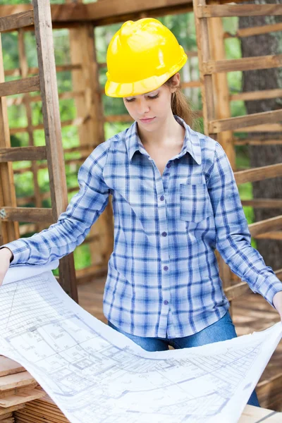 Arquiteto Feminino Analisando Blueprint Em Cabine De Madeira — Fotografia de Stock