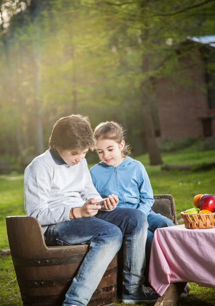 Geschwister nutzen Smartphone auf Campingplatz — Stockfoto