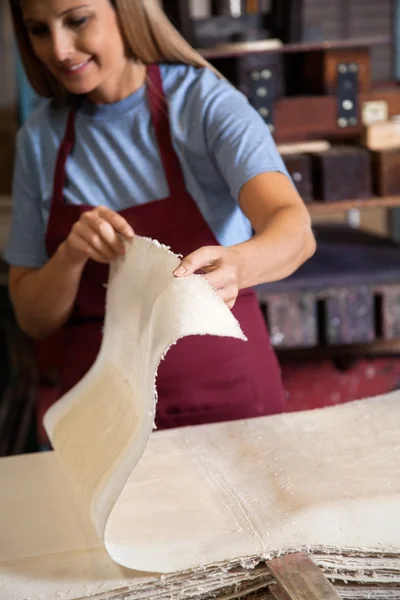 Vrouwelijke werknemer controle papier In fabriek — Stockfoto