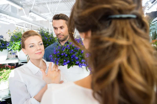 Couple Being Assisted By Florist In Buying Flower Plant — Stock Photo, Image