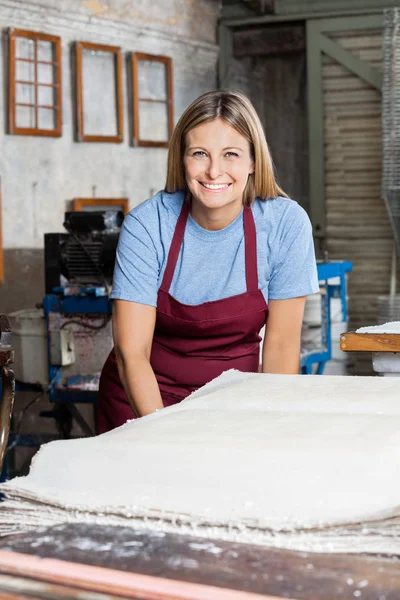 Glückliche Arbeiterin mit Papierbögen — Stockfoto