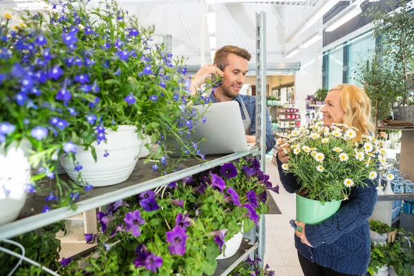 Cliente con vaso di fiori guardando fiorista utilizzando il telefono cellulare — Foto Stock