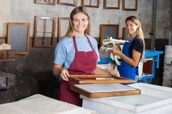 Lavoratori fiduciosi che fanno documenti insieme in fabbrica — Foto Stock