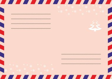 Noel Baba 'ya bir mektup. Zarfın üzerinde kar taneleri ve bir Noel ağacı olan kırmızı ve mavi çizgiler var.