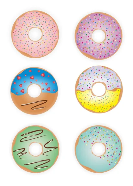 Рисунки разноцветные пончики на белом фоне — стоковое фото