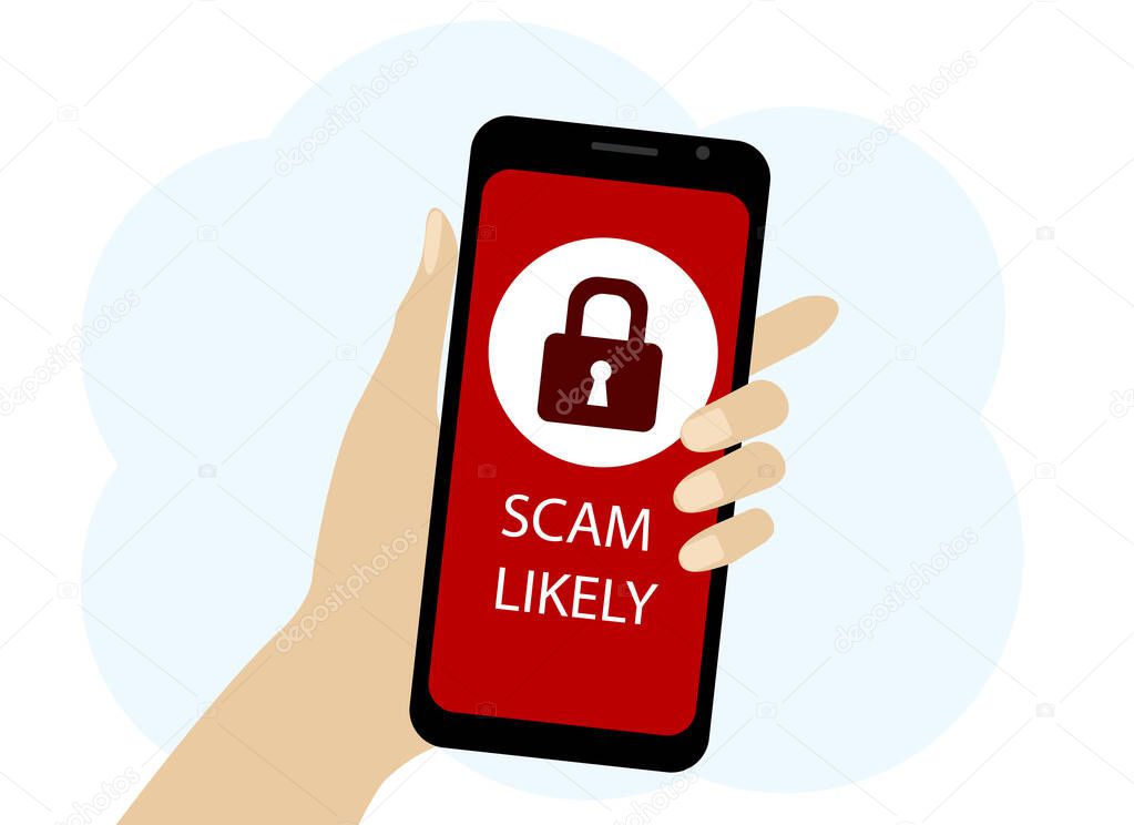Vector drawing of a hand with a mobile phone. On-screen scam warning and lock icon