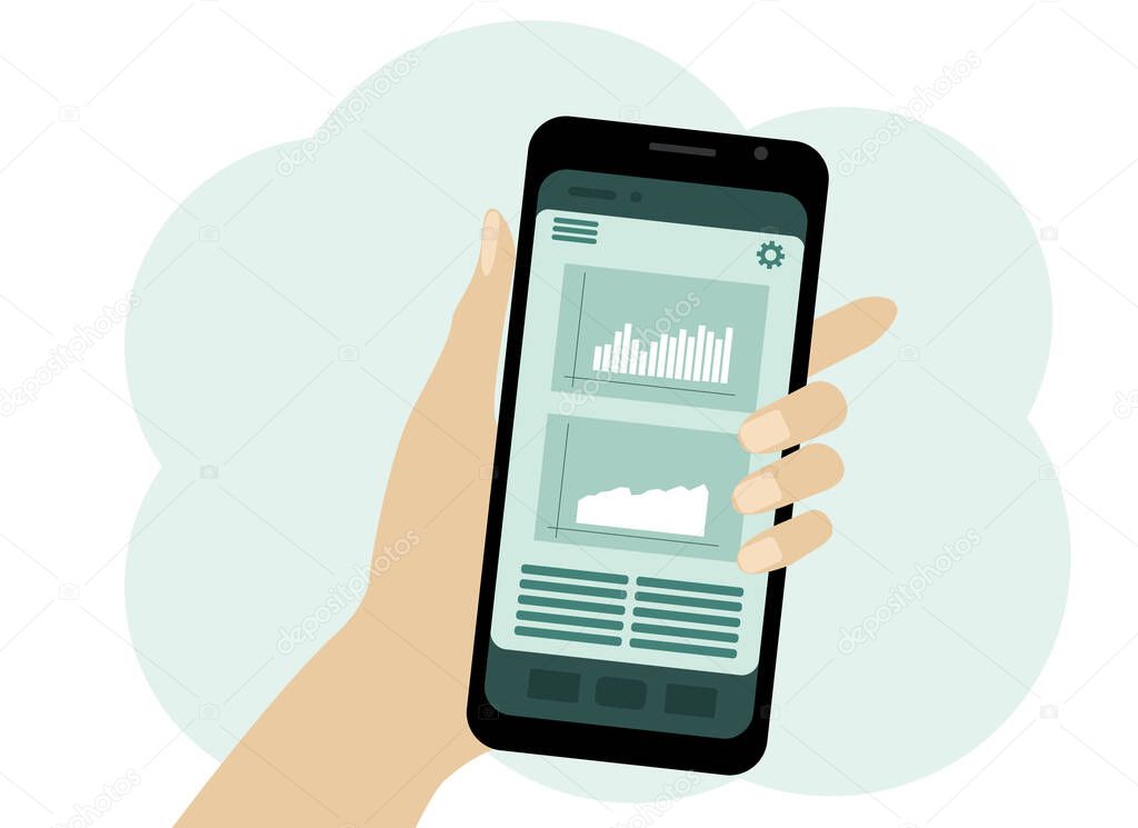 Vector drawing of a hand with a mobile phone. On-screen charts and indicators. Business analytics