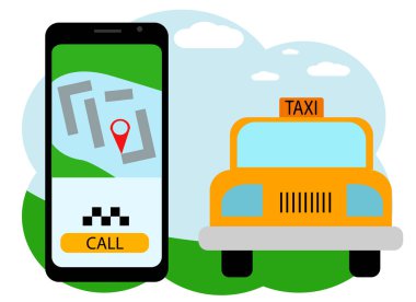 Cep telefonlu bir elin vektör çizimi. Telefonda, taksi çağırma başvurusu, bir araba ve çağrı düğmesi.