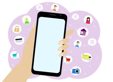 Farklı uygulamaları olan bir sürü simgesi olan bir cep telefonu vektör çizimi. Sohbetler, tanıdıklar, mesajlar, bağlantılar, alımlar, kart ödemeleri.