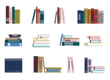 Kitapların farklı konum ve miktarlarda vektör çizimi. Ayrı etiketler