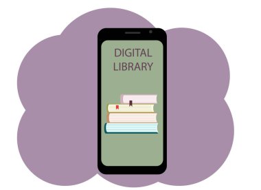 Kitapların resmi ve metin dijital kütüphanesi olan bir cep telefonunun vektör çizimi