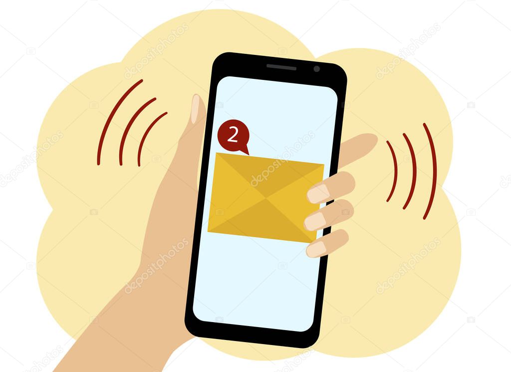 Vector drawing of a mobile phone on the screen of which there are two unread messages. Image of a yellow envelope and a red not read alert