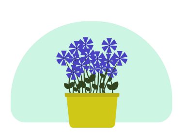 Tencerede bir ev bitkisinin vektör çizimi. Yeşil yapraklar ve parlak çiçekler