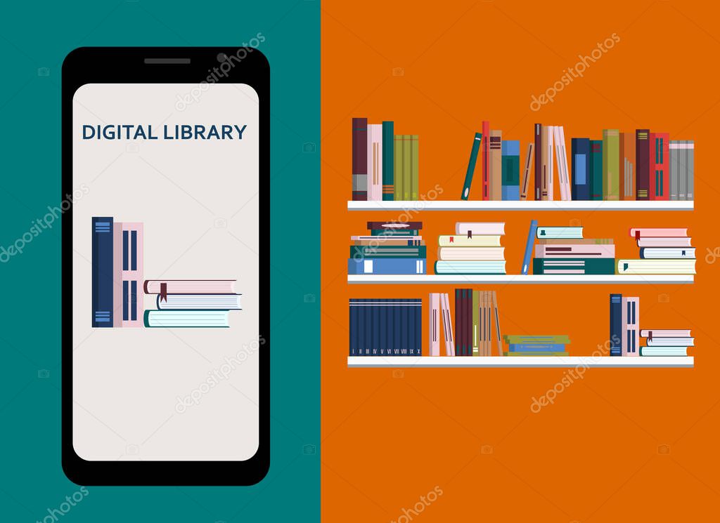 Vector drawing of a mobile phone with the image of books and the text digital library