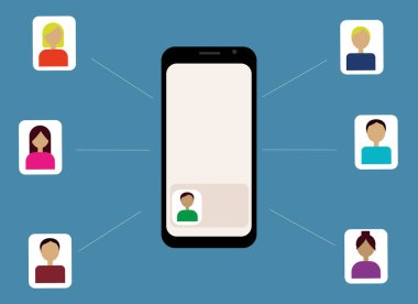 Telefonla yapılan çevrimiçi bir konferansın vektör çizimi. Halk ve operatör simgeleri